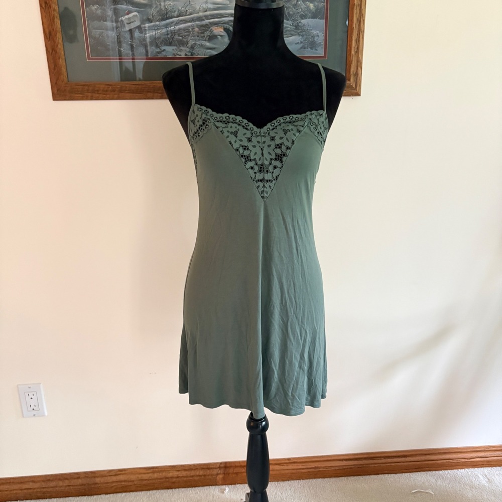 Victoria's Secret Nightgown Women Small Sage Green Lace Trim Jersey Slip Dress